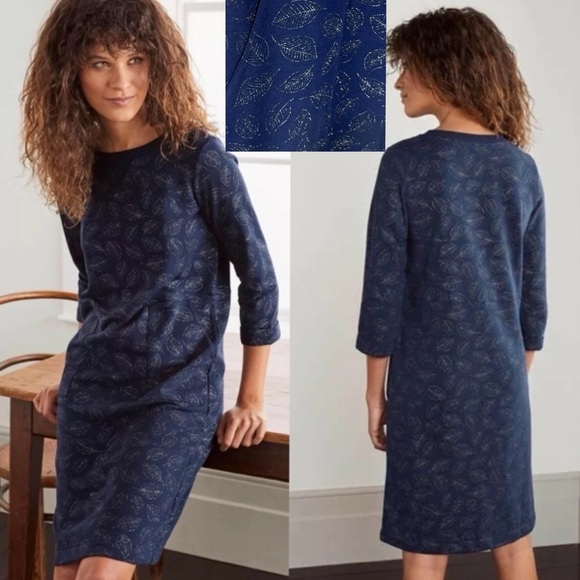 BODEN J0728 HANNAH NAVY SILVER METALLIC LEAF PULLOVER COTTON SWEATSHIRT DRESS - Picture 1 of 13